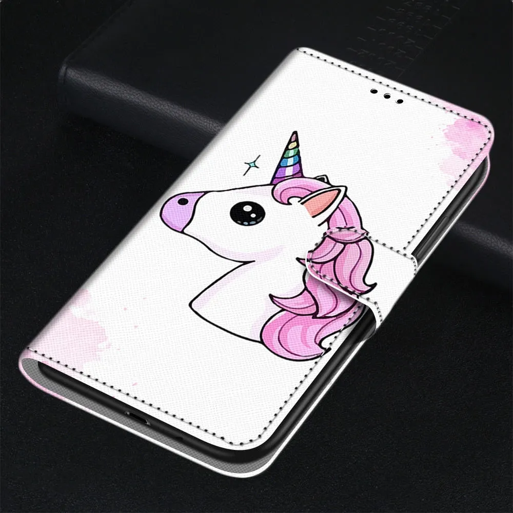 Anymob Samsung Case White Unicorn Painted Magnetic Flip Leather Card slot Wallet Book Style Cover