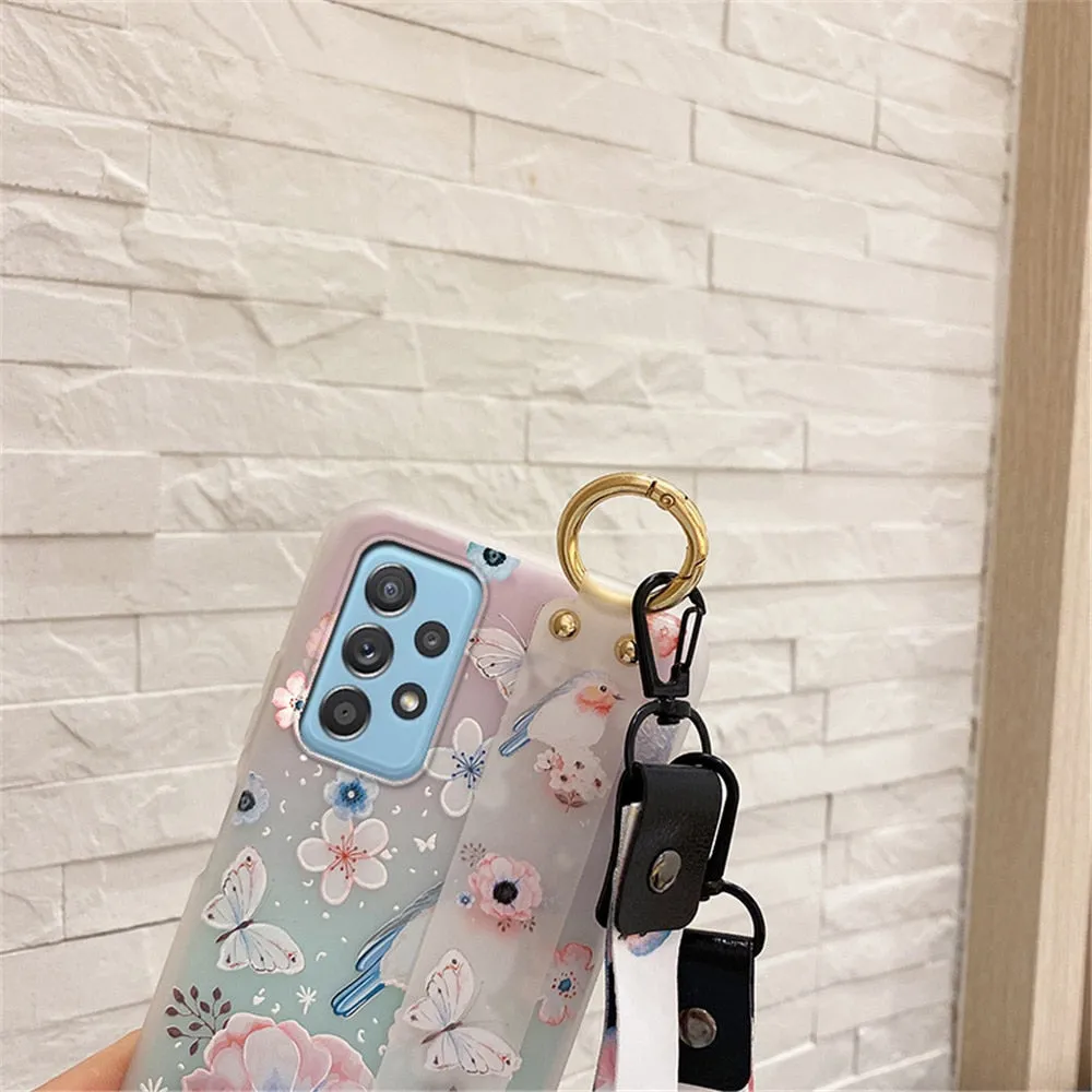 Anymob Samsung Cherry Petals Soft Silicone Case Flowers Neck Lanyard Wristband Holder Cover