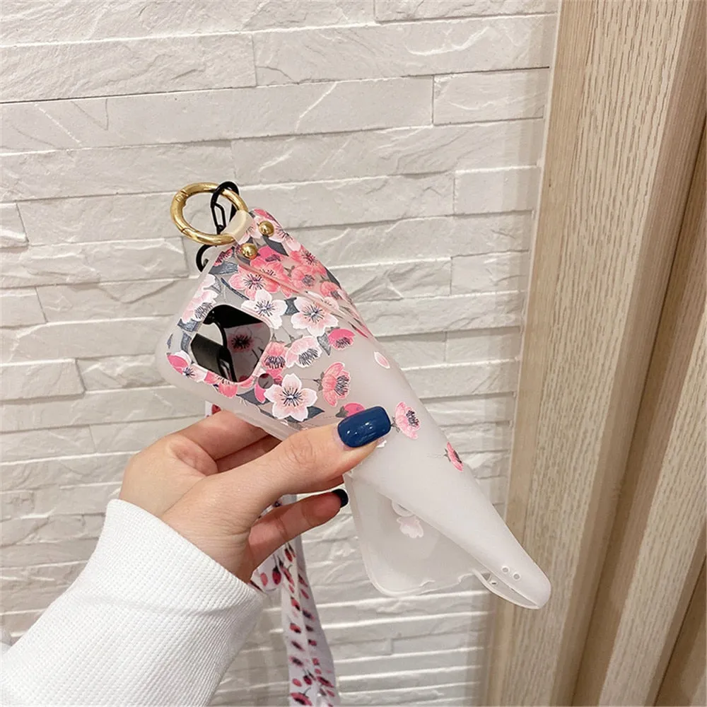 Anymob Samsung Cherry Petals Soft Silicone Case Flowers Neck Lanyard Wristband Holder Cover