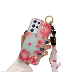 Anymob Samsung Cherry Petals Soft Silicone Case Flowers Neck Lanyard Wristband Holder Cover