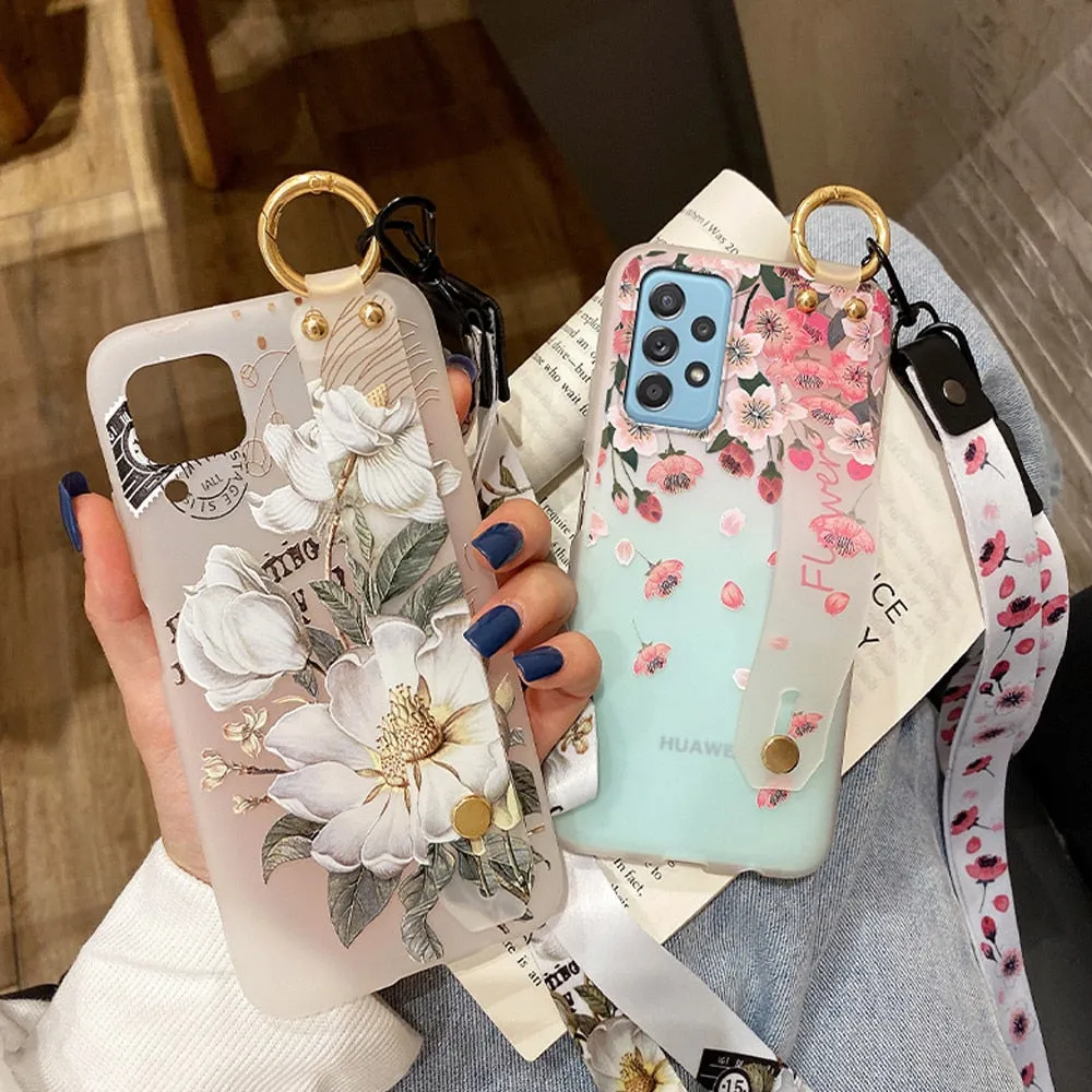 Anymob Samsung Cherry Petals Soft Silicone Case Flowers Neck Lanyard Wristband Holder Cover