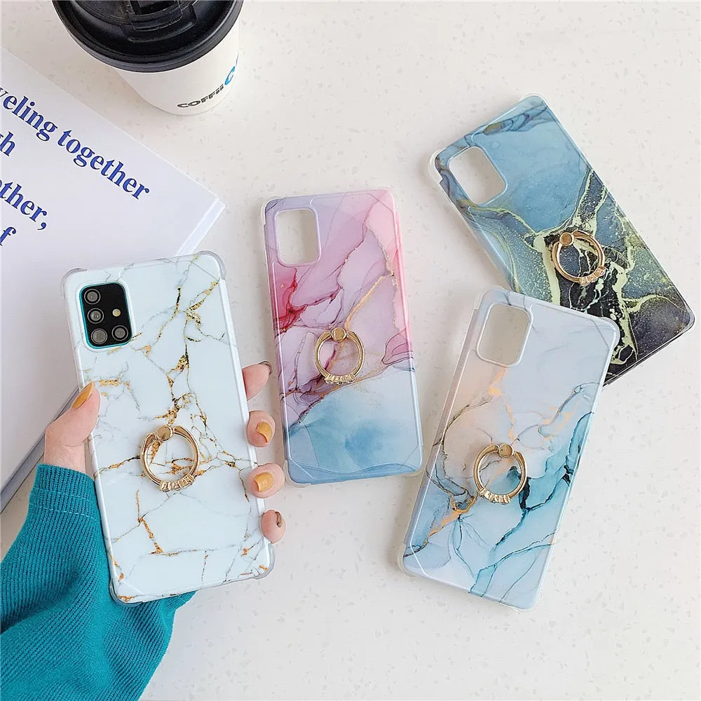 Anymob Samsung Gradient Orange And Blue Marble Ring Holder Case Silicone Shockproof Cover