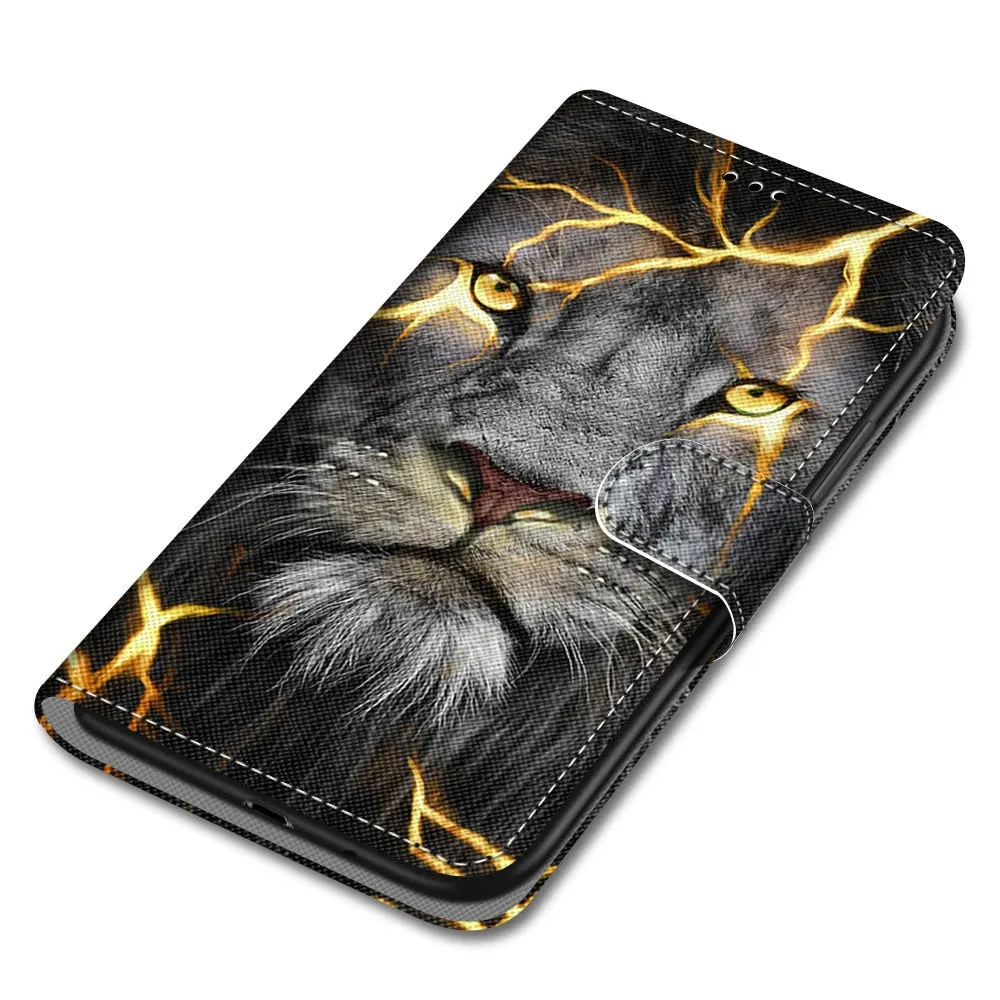 Anymob Samsung Thunder Lion Cute Animal Painted Leather Phone Case Flip Wallet Phone Bag Cover