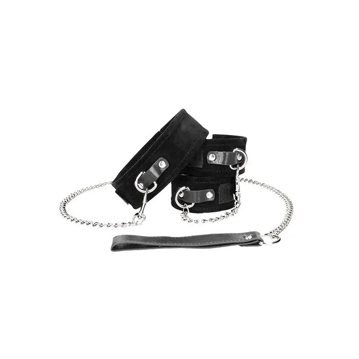 Black & White Velcro Collar Leash & Hand Cuffs - Black