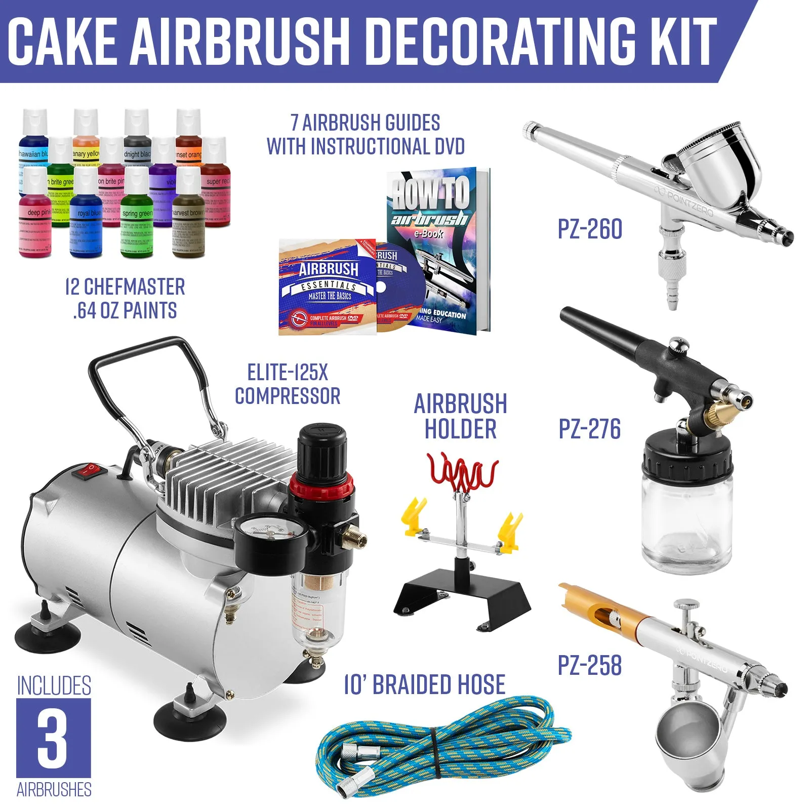 Cake Airbrush Decorating Kit - 3 Airbrushes, Compressor & Paint