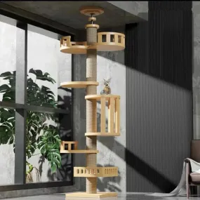 Cat Tree Floor Standing Solid Wooden House for Climbing - Pets Furniture Adjustable Kitten Trees Tower