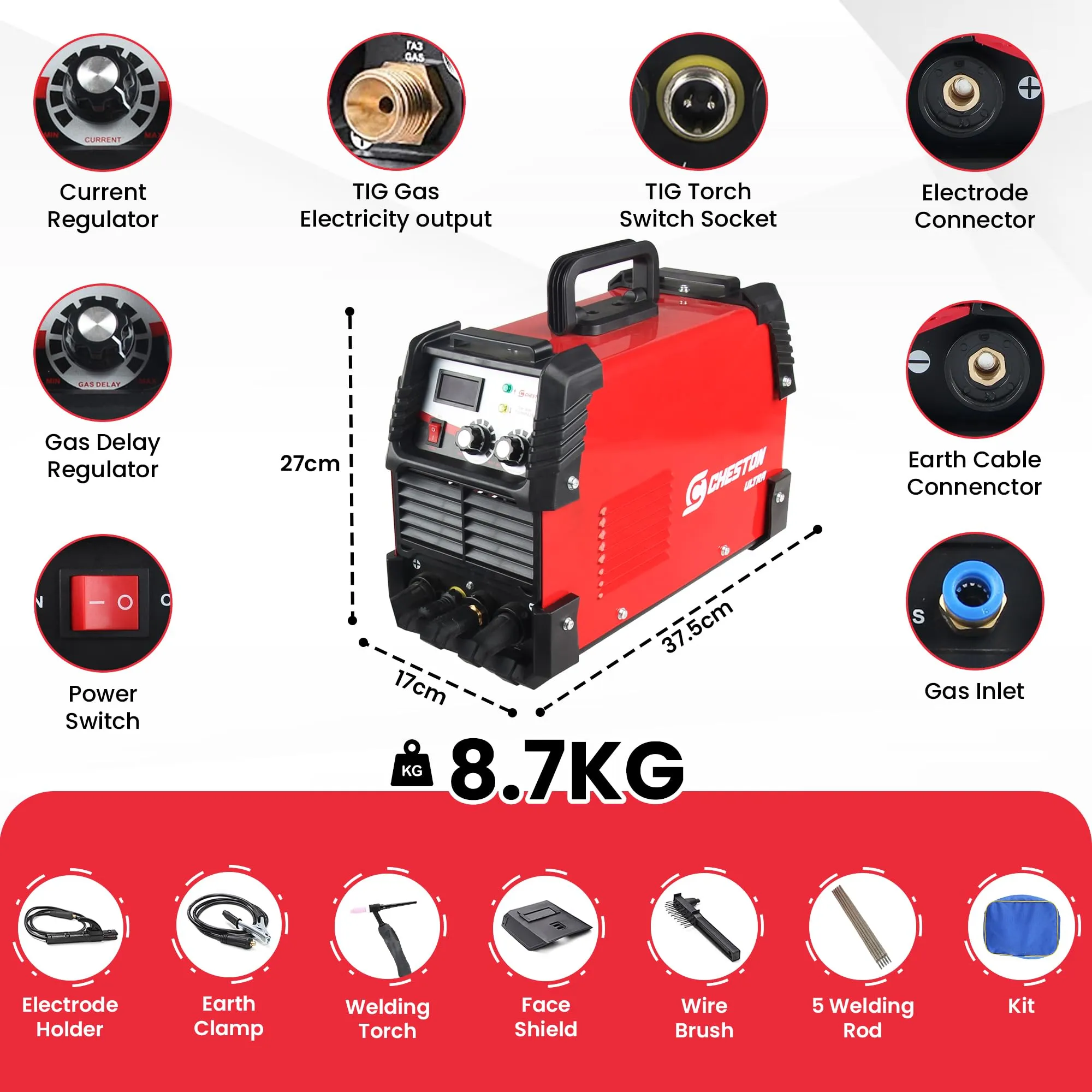 Cheston Ultra TIG/MMA Welding Machine 250A | Inverter IGBT GAS Welding Machine Hot Start Anti Stick Function with Welding Torch, Mask & Other Accessories Included | (2-in-1) 250A Welding Machine Tool