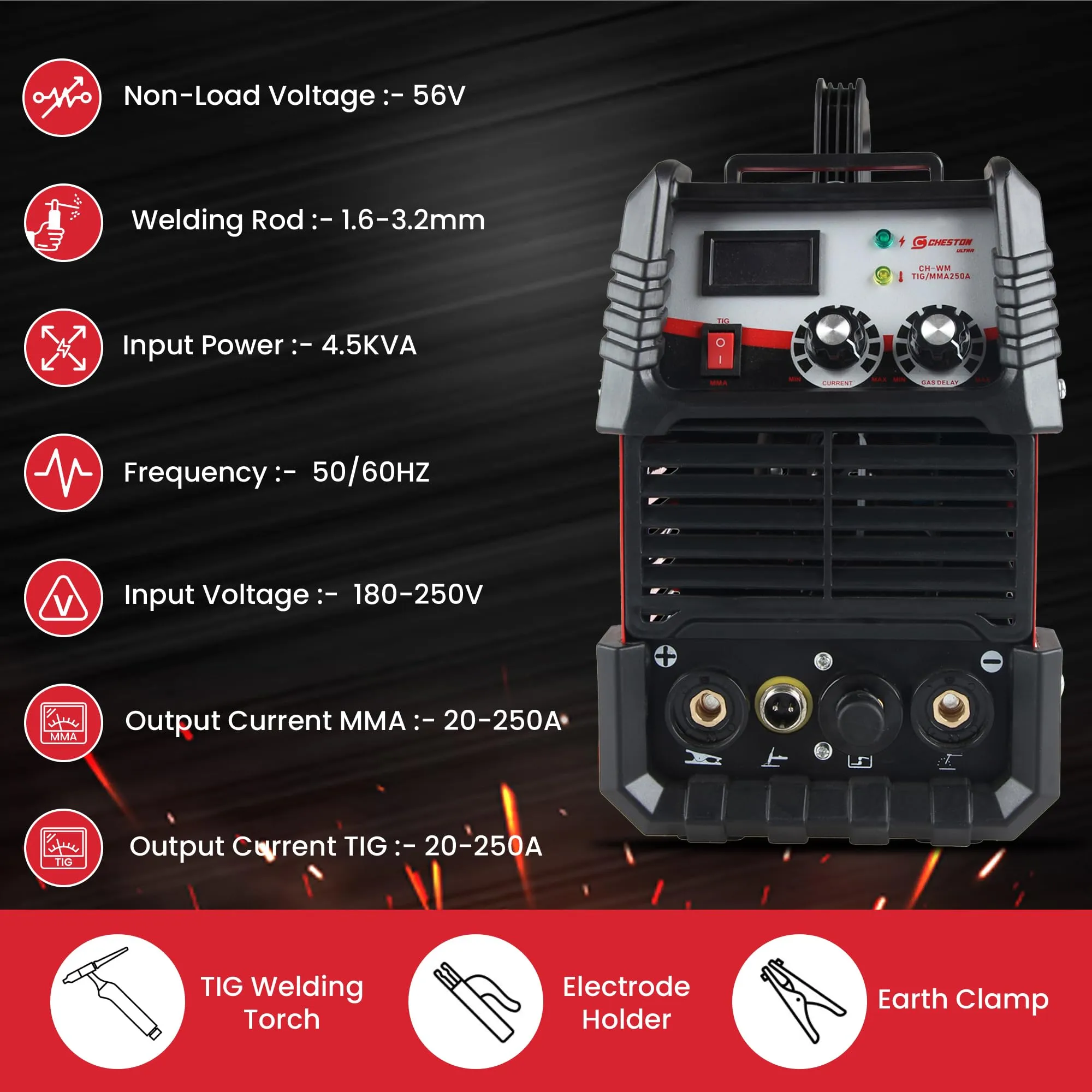 Cheston Ultra TIG/MMA Welding Machine 250A | Inverter IGBT GAS Welding Machine Hot Start Anti Stick Function with Welding Torch, Mask & Other Accessories Included | (2-in-1) 250A Welding Machine Tool