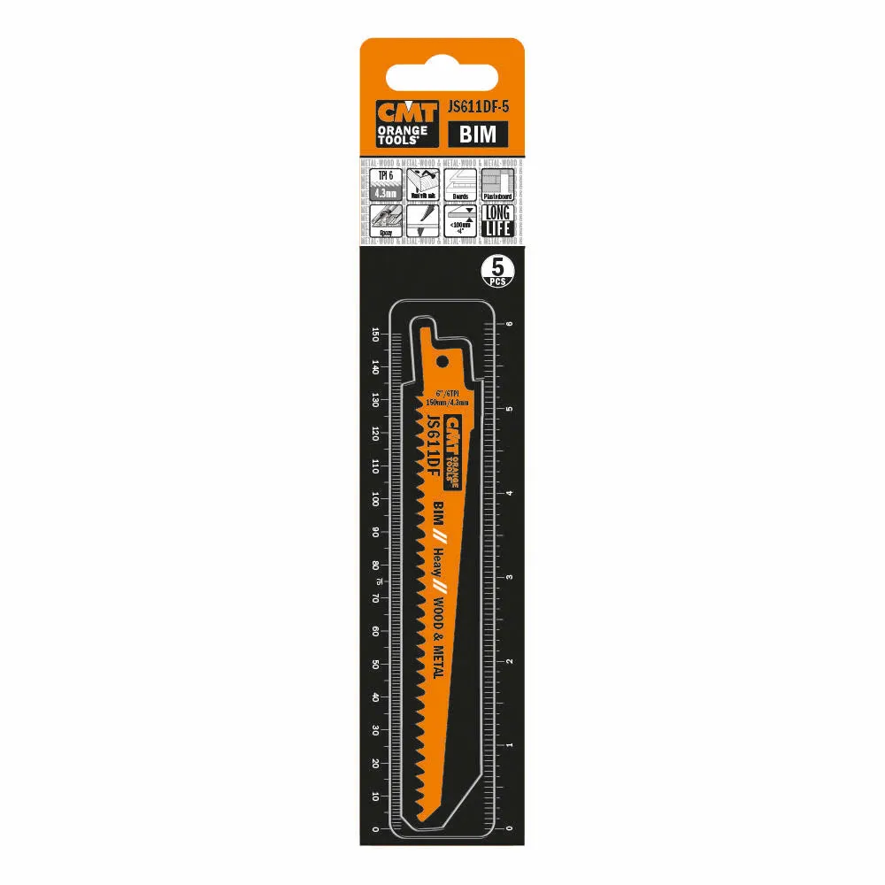 CMT Orange Tools JS611DF-5 RECIPROCATING SAW BLADES for WOOD&METAL (BIM) 6”x 6TPI  (5-PCS.)