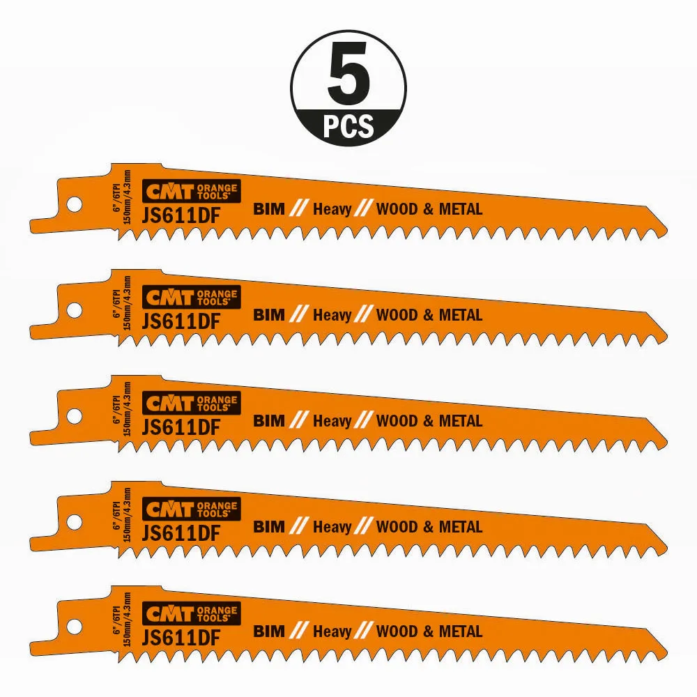 CMT Orange Tools JS611DF-5 RECIPROCATING SAW BLADES for WOOD&METAL (BIM) 6”x 6TPI  (5-PCS.)