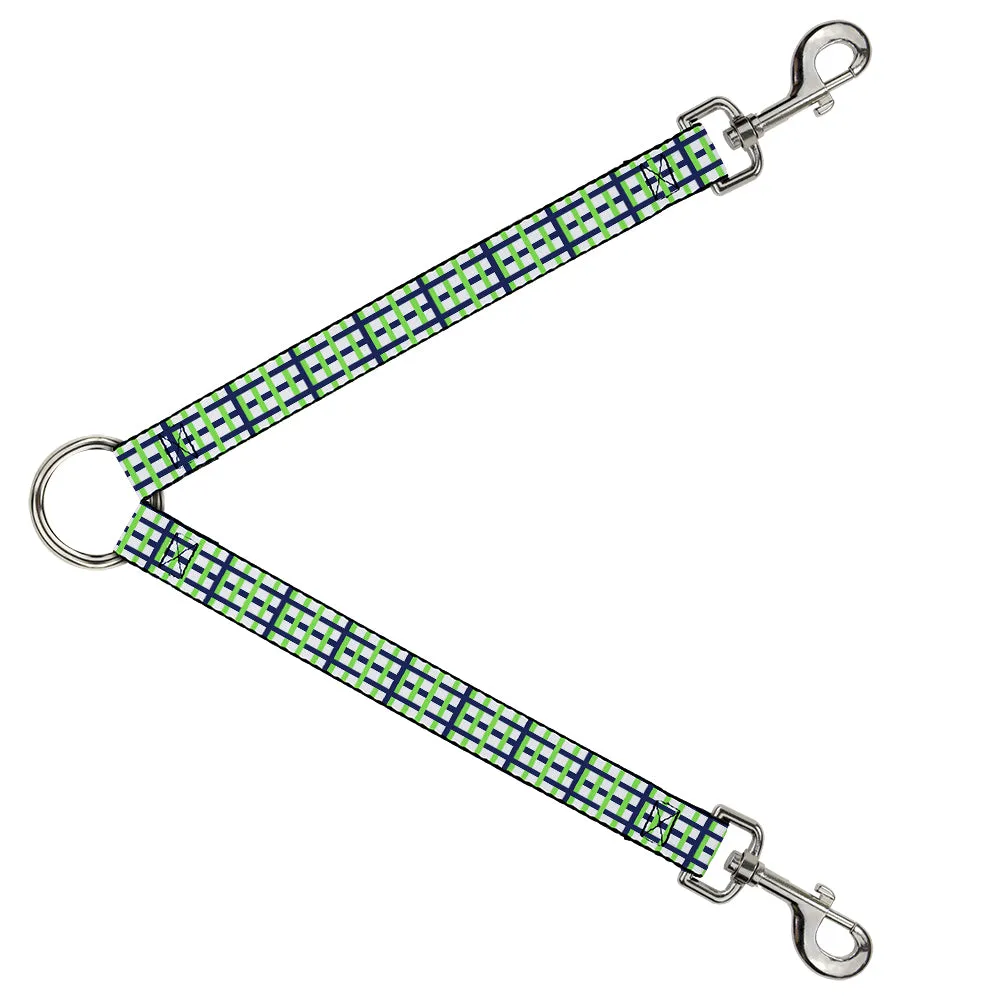 Dog Leash Splitter - Basketweave Plaid White/Navy/Bright Green
