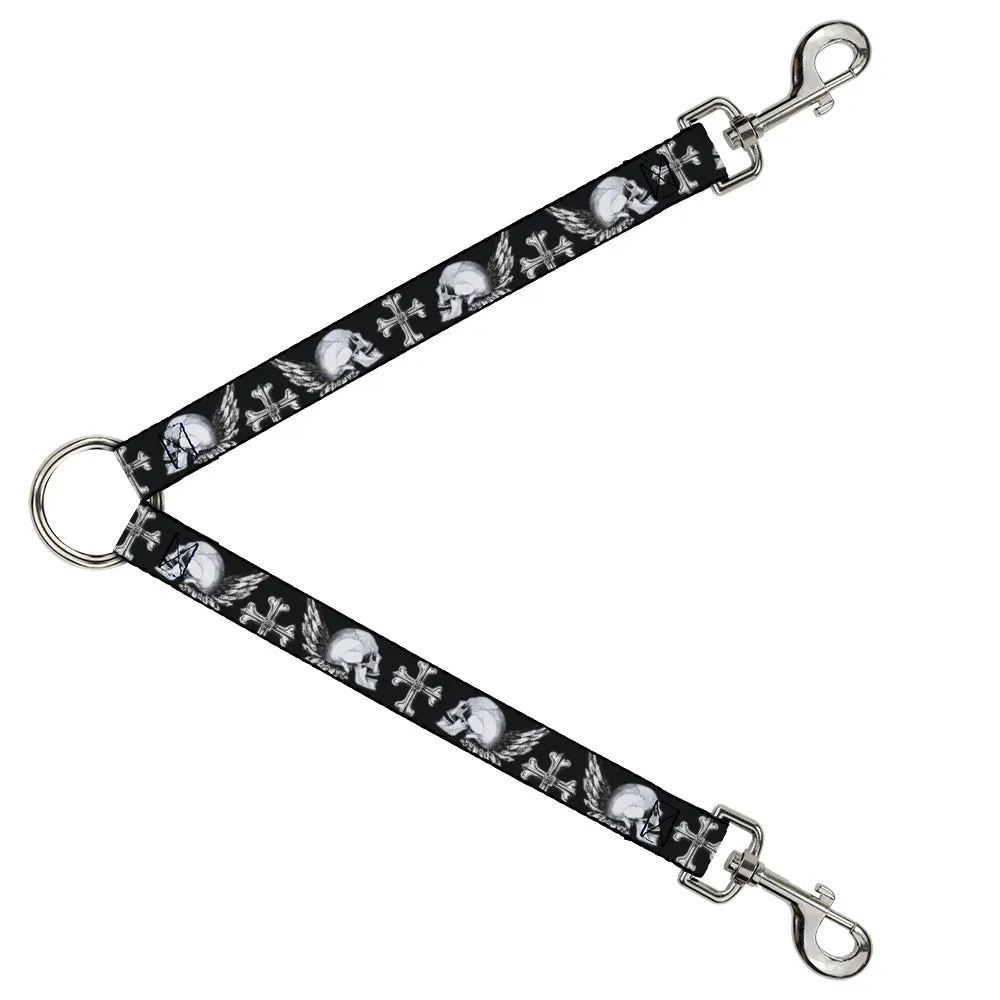 Dog Leash Splitter - BD Skulls w/Wings Black/White