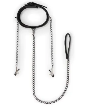 Easy Toys Faux Leather Collar w/Nipple Chains - Black