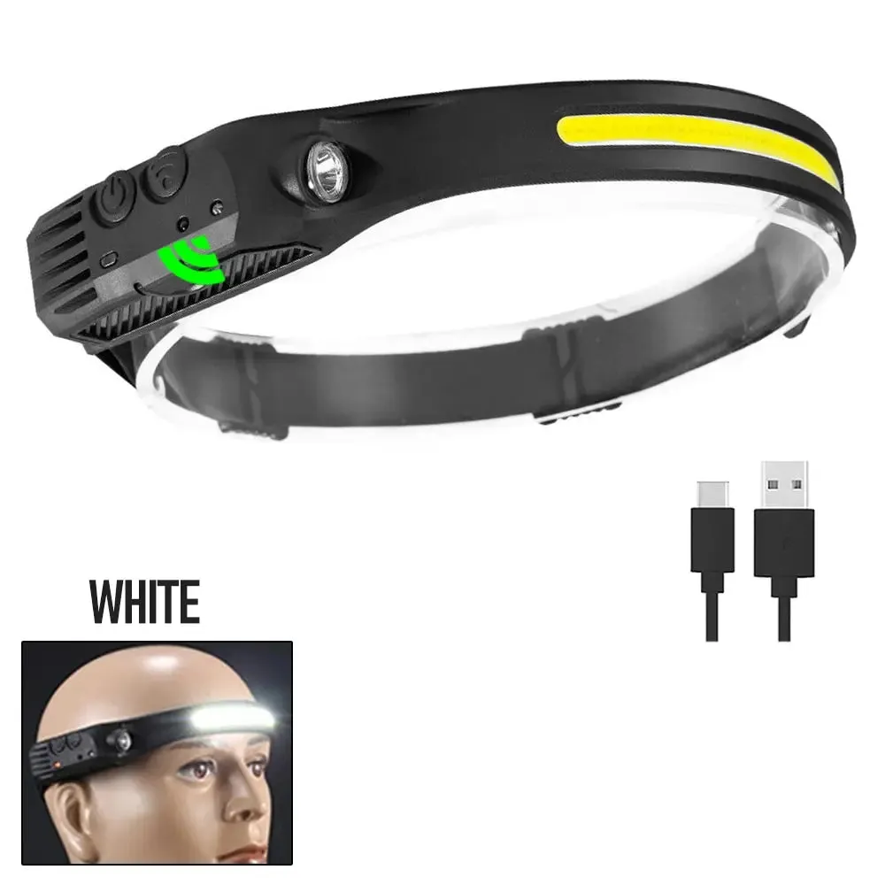 Hand Sweep Sensor Headlamp COB LED Flashlight USB Rechargeable 5 Lighting Modes Head Torch Camping Fishing Work Head Light