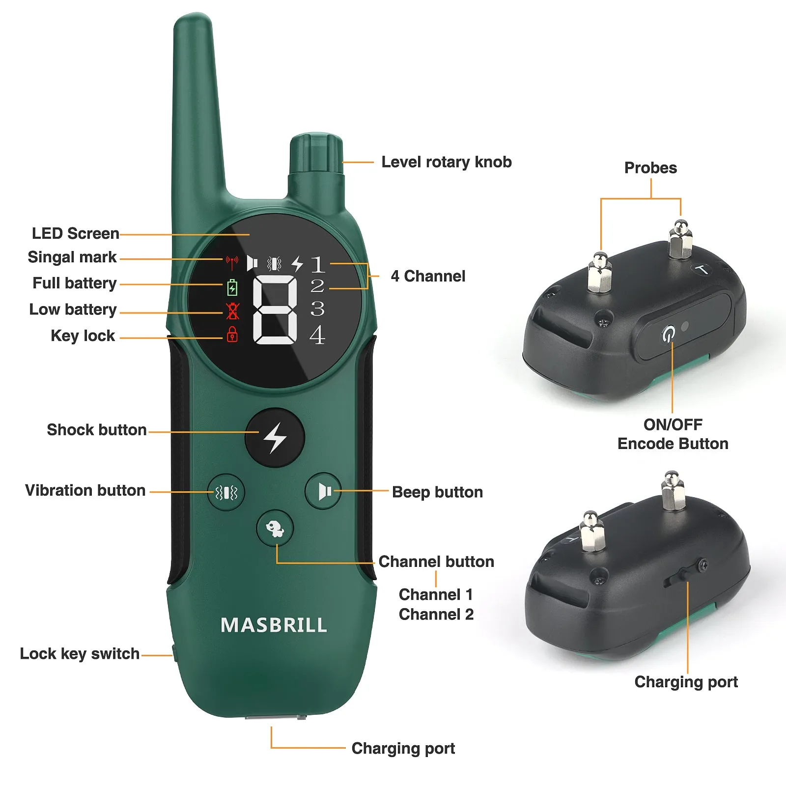 MASBRILL Dog Shock Collar 2 Remotes, Waterproof Rechargeable Electric Dog Training Collar with Remote, 2000Ft 3 Modes Beep Vibration Safe Shock