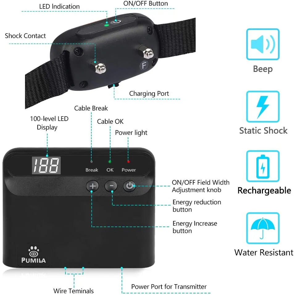 MASBRILL Electric Dog Fence, Underground Electric Dog Fence Rechargeable Dog Fence Collar 650 ft Wire with 2 Collars