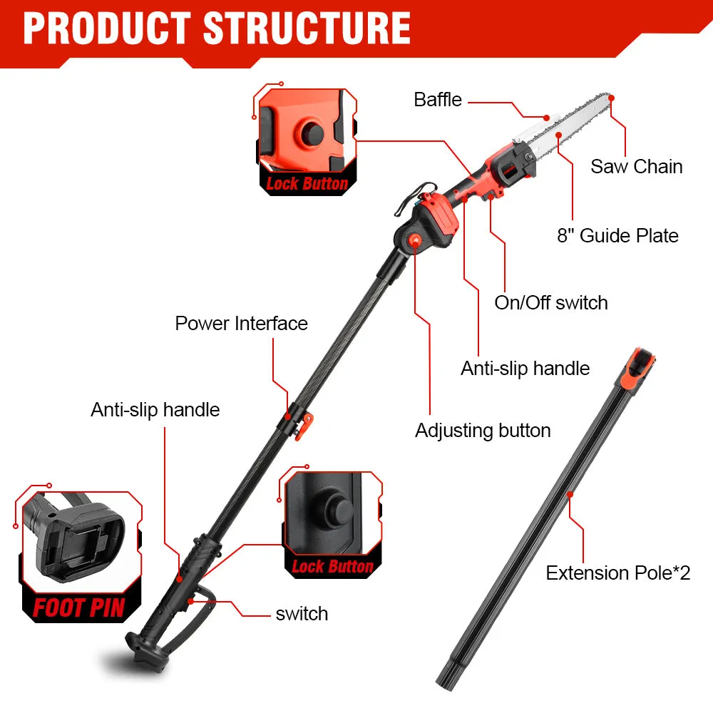 ONEVAN 8" Telescoping Pole(1.3-2.25m) Brushless Cordless Chainsaw | For Makita 18V Battery