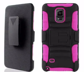 Samsung Galaxy Note 4 Case, Full Body Armor [Built-in Kickstand] Hybrid Tri-Layer Holster Clip Case Cover - Hot Pink