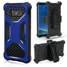 Samsung Galaxy Note 8 Case, Rugged Carbon Fiber Holster Combo Kickstand Clip Case Cover - Blue