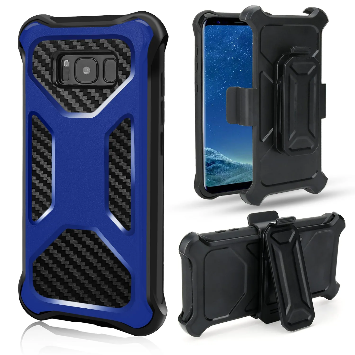 Samsung Galaxy Note 8 Case, Rugged Carbon Fiber Holster Combo Kickstand Clip Case Cover - Blue