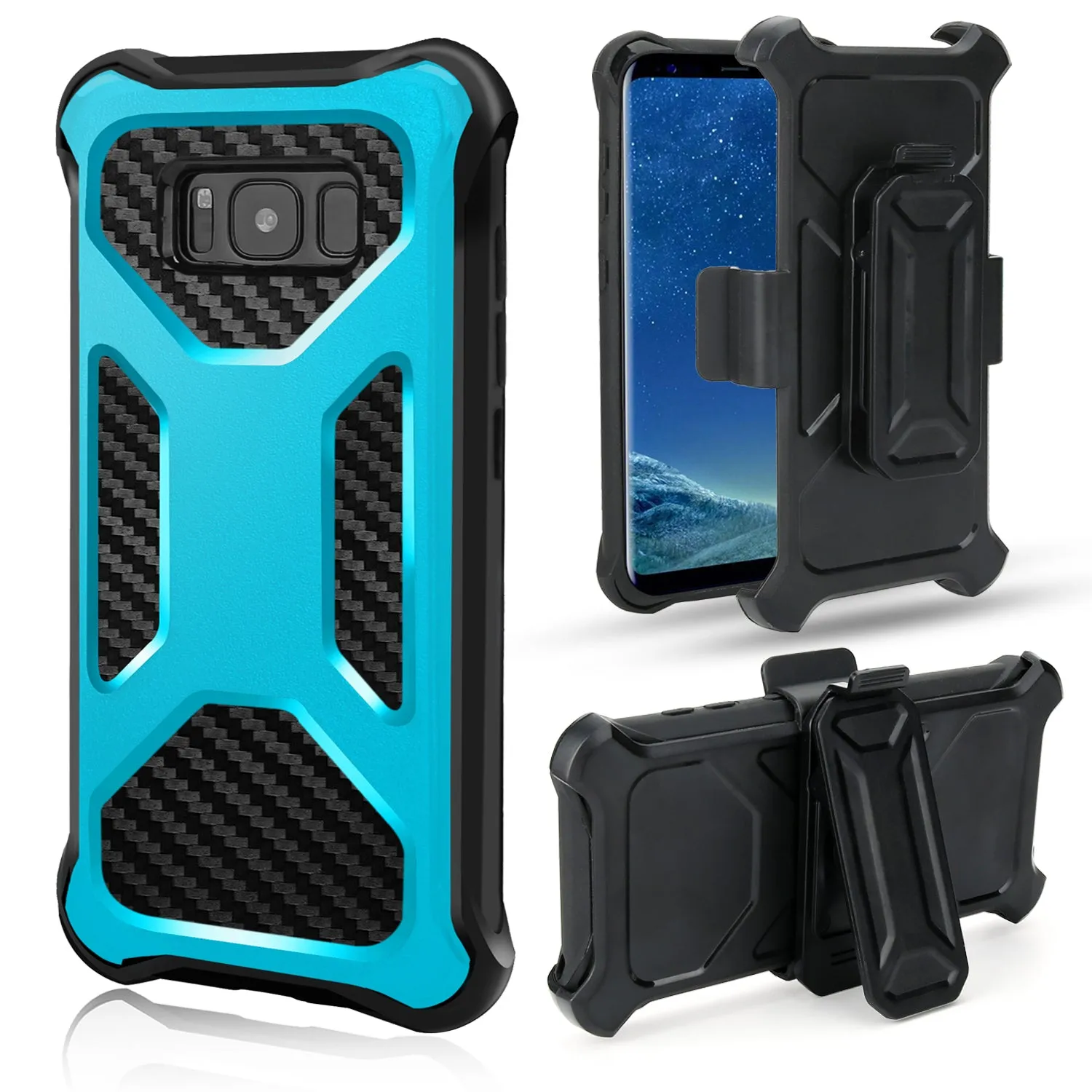 Samsung Galaxy Note 8 Case, Rugged Carbon Fiber Holster Combo Kickstand Clip Case Cover - Teal