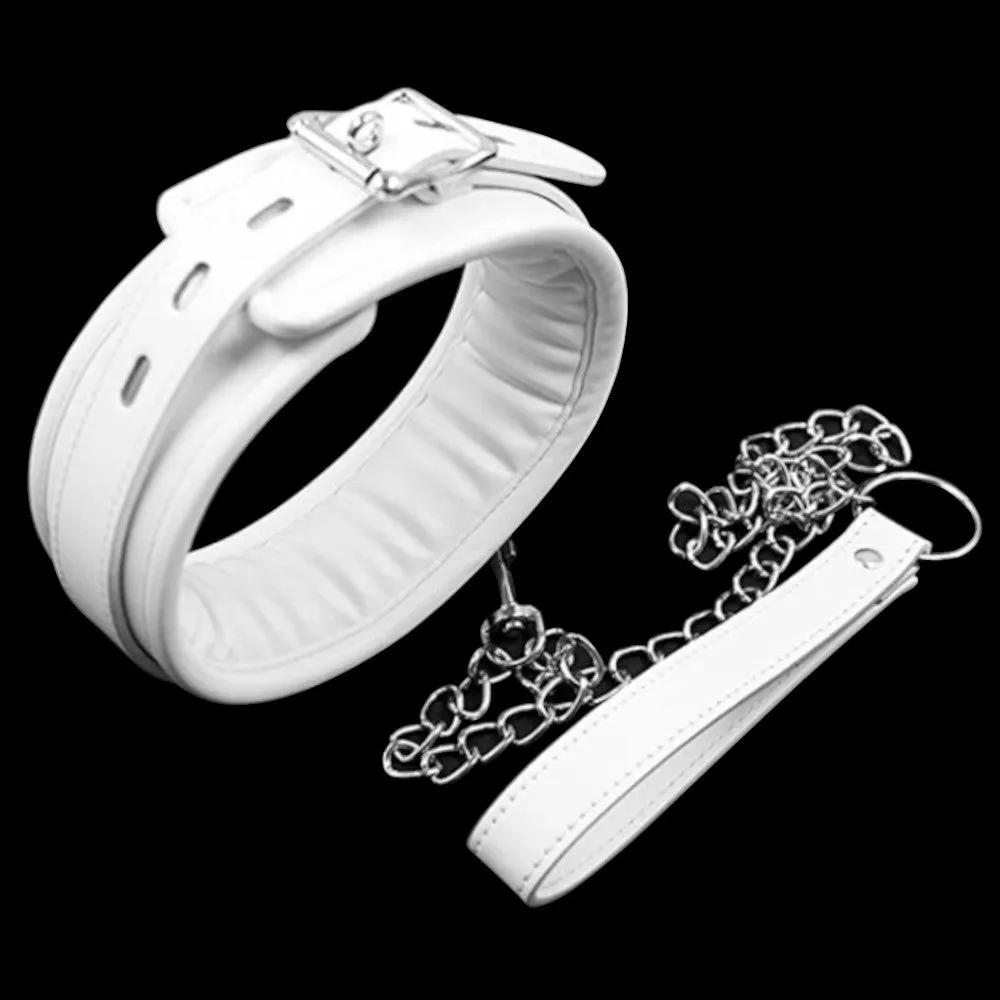 White Leather Collar With Leash