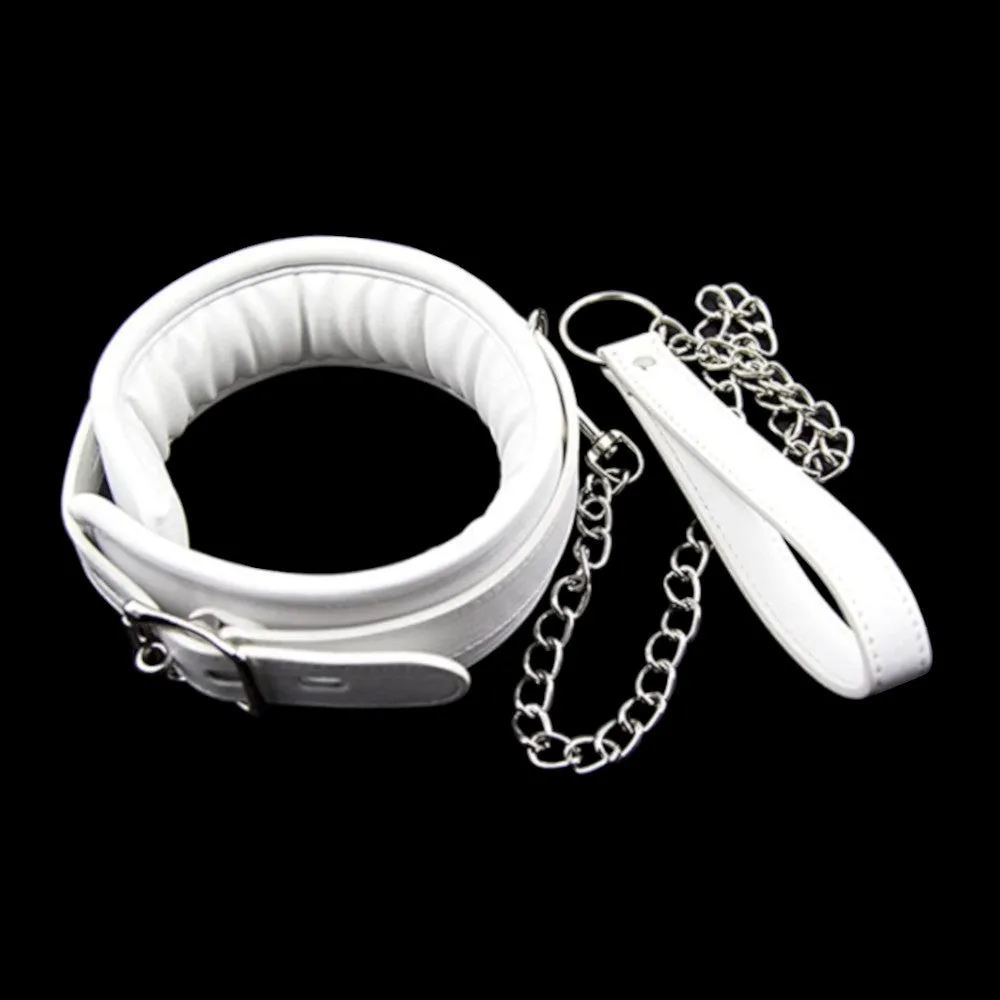 White Leather Collar With Leash